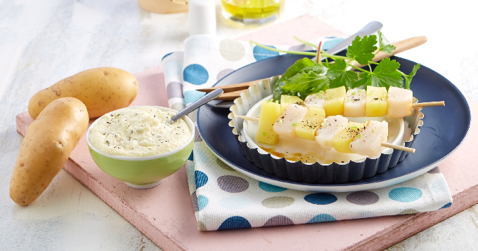 Brochettes de St Jacques et mousseline de pommes de terre Pompadour