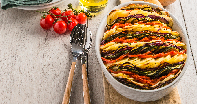 Tian de pommes de terre Pompadour aux légumes du soleil