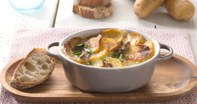 Gratin de pommes de terre Pompadour aux champignons