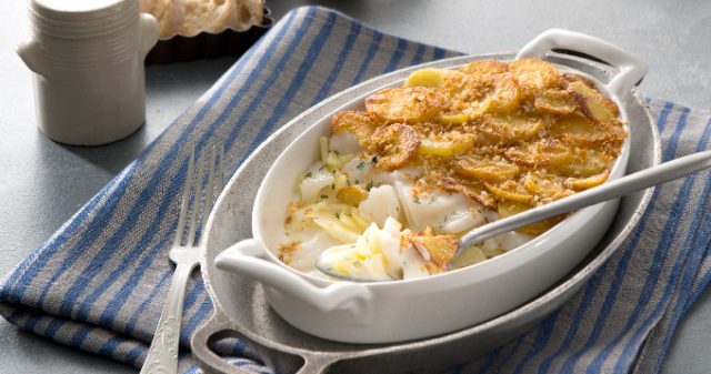 Gratin de pommes de terre Pompadour au cabillaud et aux pommes