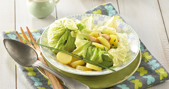 Aumônière de pommes de terre Pompadour au chou et flétan fumé