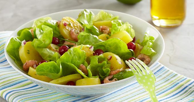 Salade aux pommes de terre Pompadour & crevettesSalade aux pommes de terre Pompadour & crevettes