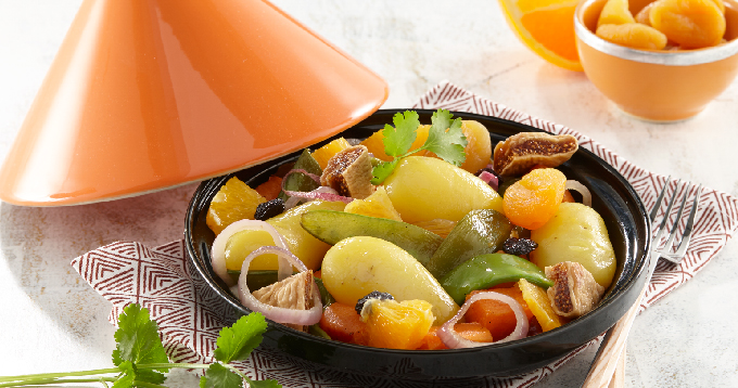 Tajine de pommes de terre Pompadour aux fruits secs